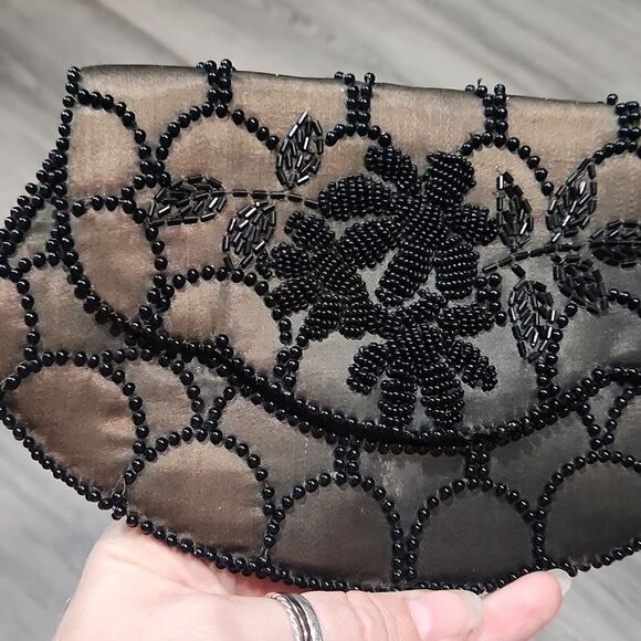 AS IS Vintage Beaded Black Satin Clutch Evening Bag - Picture 2 of 7